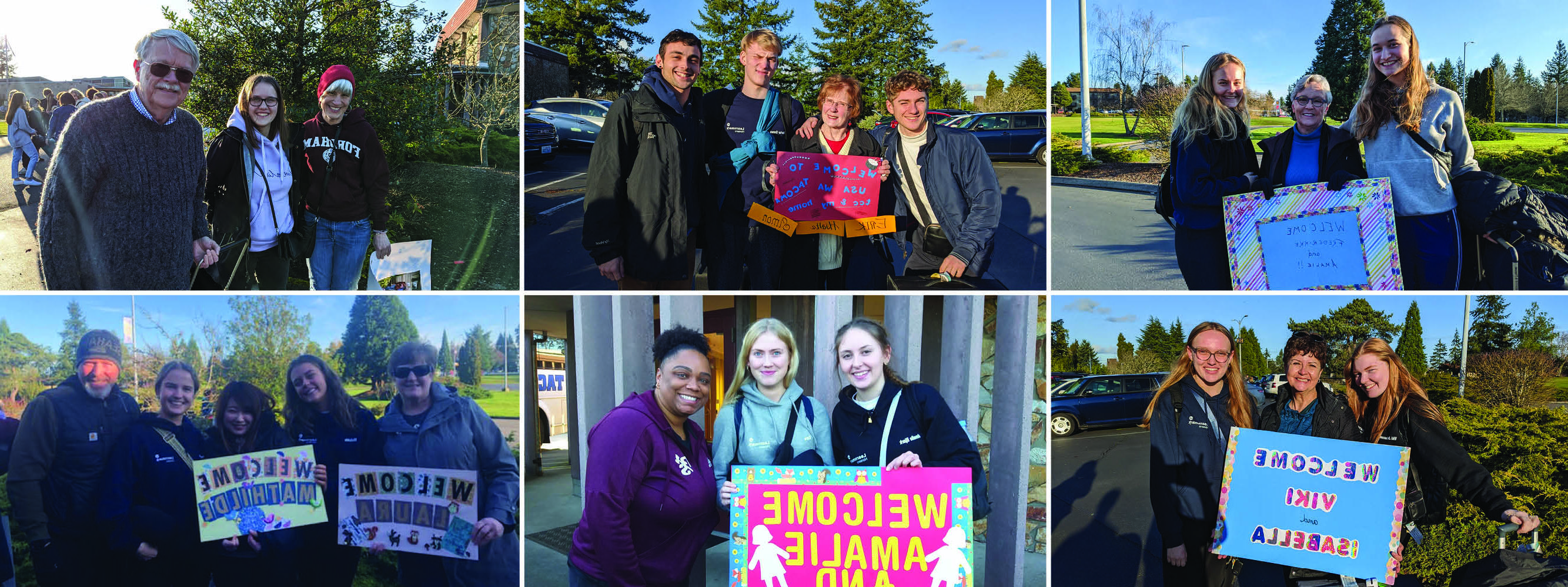 A collage of families posing with "Welcome" signs and their new international students